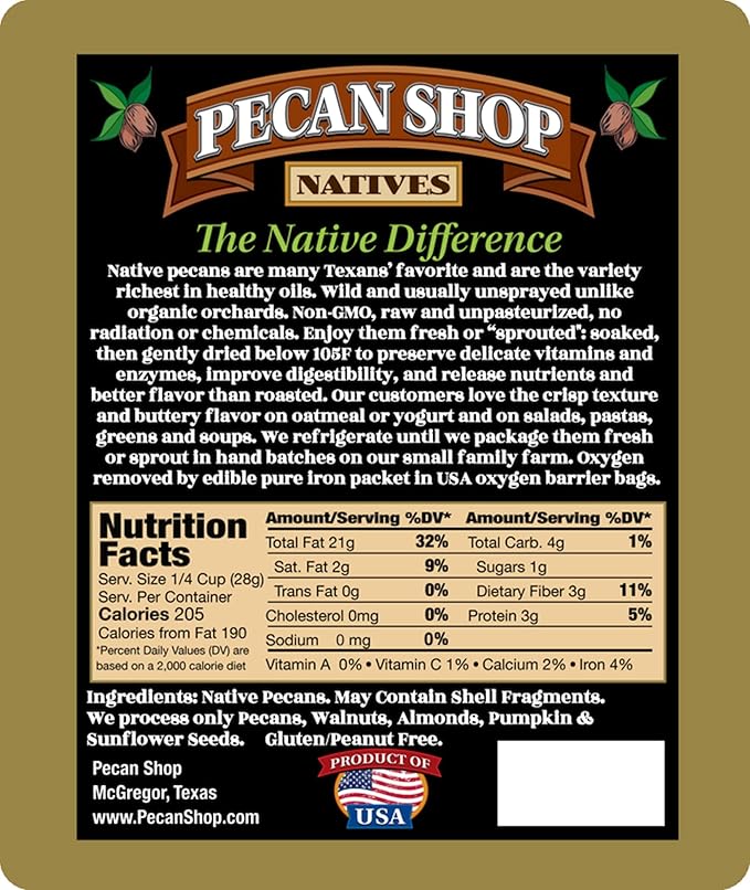Pecan Shop Raw Unpasteurized Shelled Texas Native Pecans Wild-Harvested and Tested Pesticide-Free Pecan Halves in Oxygen-Barrier Bag for Peak Freshness - 2 lb