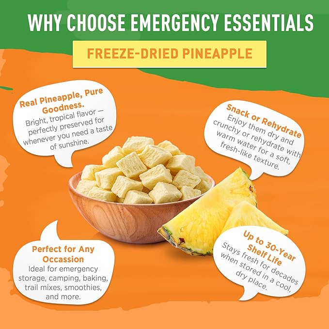 Emergency Essentials Freeze-Dried Pineapple Dices #10 Can | 22 Servings of Real Fruit | 30-Year Shelf Life | Long-Term Emergency Food Snack and Dessert Ingredient | Lightweight &amp Ready to Eat