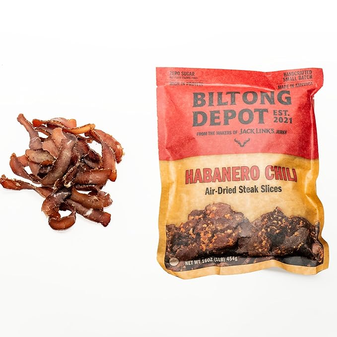 Biltong Depot Habanero Chili Biltong Slices - 1lb (16oz) | Air-Dried Beef Jerky Snack | High Protein | Paleo &amp Keto Friendly | Zero Sugar | Gluten Free | No Artificial Preservatives | No MSG
