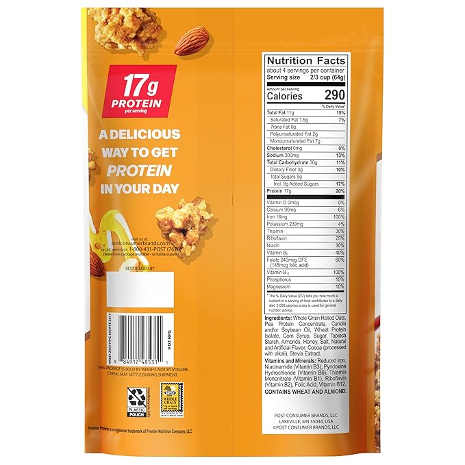 Premier Protein Granola Honey Almond Flavored Crunchy Clusters Yogurt Topping or On-The-Go Snack 9 oz Resealable Bag (Pack of 5)