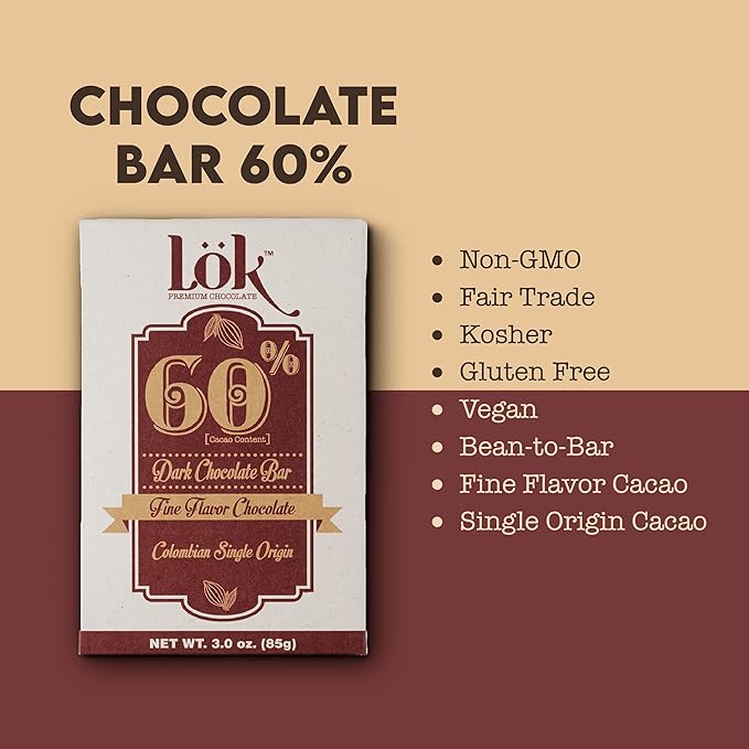 Lok Dark Chocolate Bar 60% Cacao | Fair Trade Non GMO Kosher Gluten Free Vegan Bean-to-Bar Paleo Ethically Sourced Lök | 3.0 Ounce 12 Pack