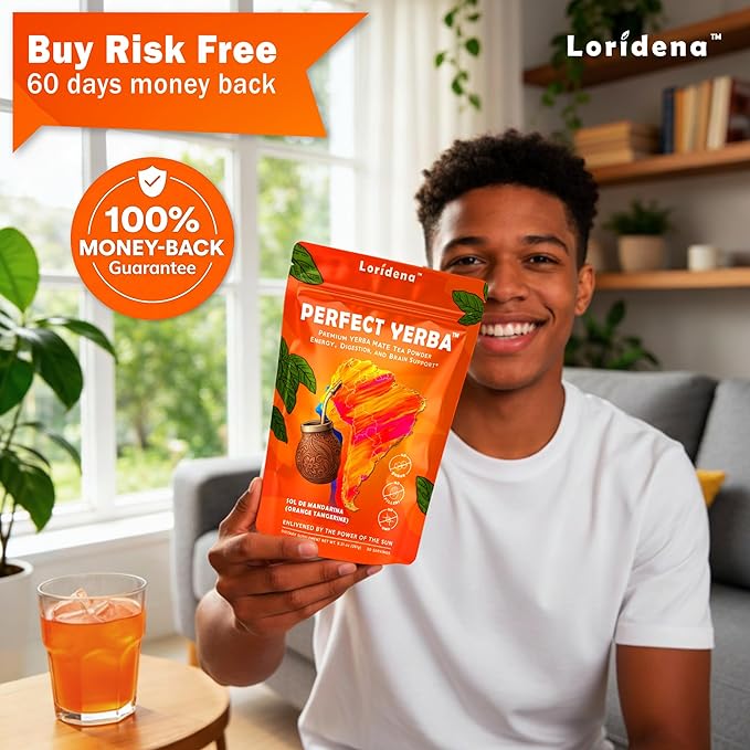 Perfect Yerba Instant Yerba Mate Tea Powder Drink – Orange Tangerine – Clean Energy + Focus + Gut Support (100mg Natural Caffeine Lion’s Mane L-Theanine Prebiotic + Probiotic + Enzymes) – 0g Sugar