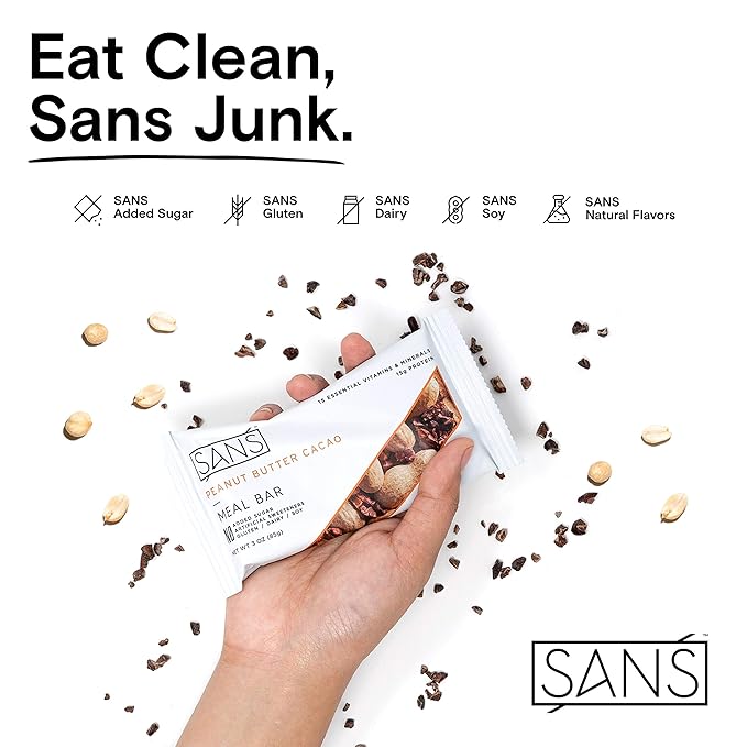 SANS Peanut Butter Cacao Meal Replacement Protein Bar | All-Natural Nutrition Bar With No Added Sugar | Dairy-Free Soy-Free and Gluten-Free | 15 Essential Vitamins and Minerals | (6 Pack)