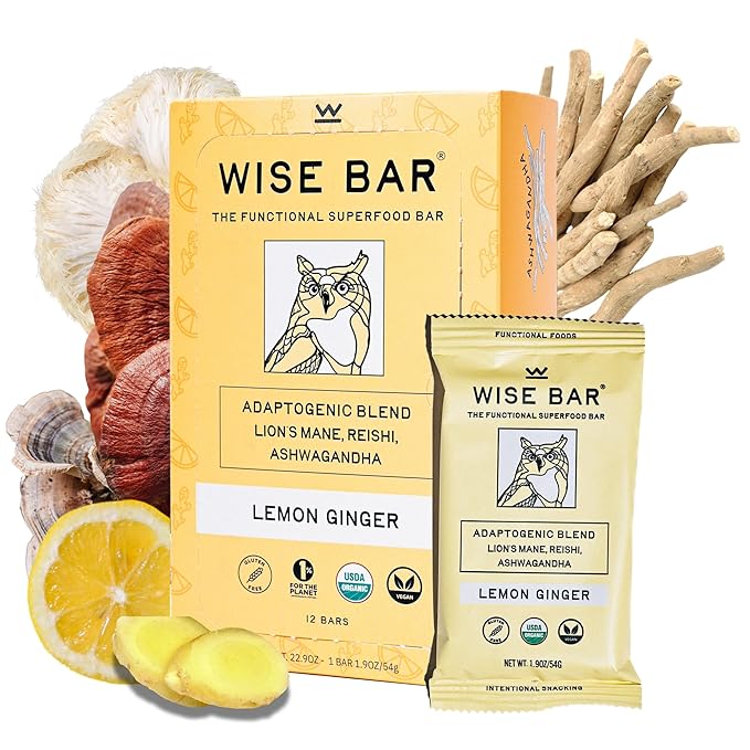 Wise Bar Adaptogen Mushroom Nutrition Bars with Reishi Lions Mane &amp Ashwagandha Organic Vegan &amp Gluten Free Snacks for Natural Focus Energy &amp Immunity Support Lemon Ginger Flavor 12 C
