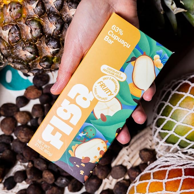 Figa Foods 63% Fruity Cupuaçu Bar - Date Sweetened Vegan Gluten Free Caffeine Free Only 3 Ingredients - Chocolate's Brazilian Cousin - Dried Superfruit on Top [60g] - 3 Pack