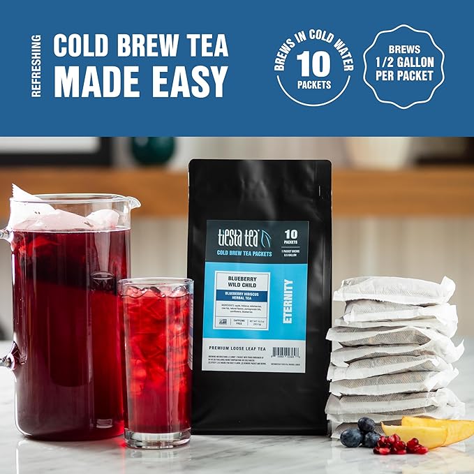 Tiesta Tea - Blueberry Wild Child Cold Brew Loose Leaf Blueberry Hibiscus Herbal Tea Non-Caffeinated Iced Blend Cold Brew Packets Makes 64oz Pitcher Per Bag (Pack of 10)