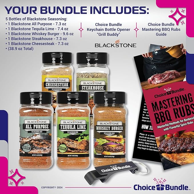 Blackstone Whiskey Burger Steakhouse Tequila Lime All Purpose Cheesesteak Premium Barbecue Griddle Seasoning Rub 5 Pk (38.9 oz) + BBQ Masters &amp Opener (7 Items)!