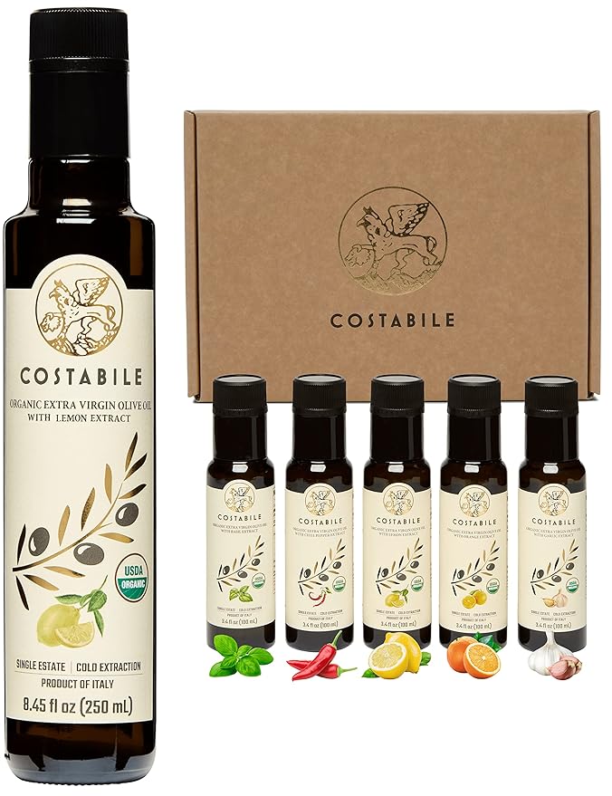 Gift set of 5 infused olive oils and Lemon Infused Olive Oil. Extra Virgin Olive Oil from a single grove in Italy COSTABILE