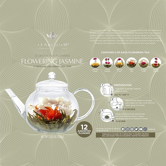 Teabloom Jasmine Flowering Tea – Hand Tied Green Tea Leaves + Jasmine Blossoms Flowering Tea Creations – Blooming Tea Gift Set – 12-Pack 36 Steeps Makes 250 Cups