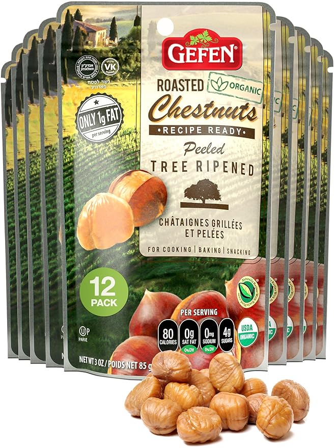 Gefen Organic Whole Peeled and Roasted Chestnuts 3oz (12 Pack) | Chestnuts Peeled and Ready to Eat | Great for Cooking &amp Baking | Gluten Free | Kosher