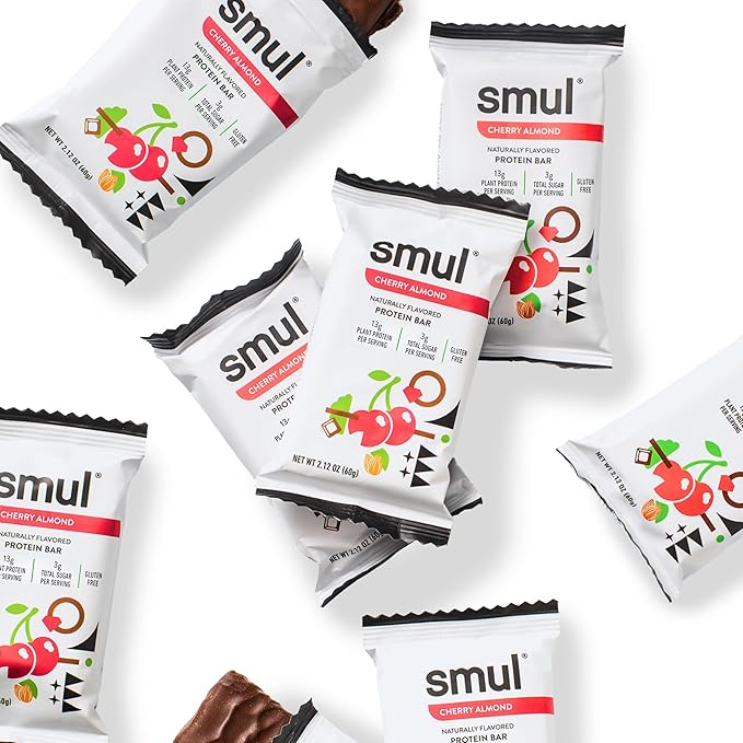 smul Plant Based Protein Bar – Cherry Almond – 13g Protein Only 3g Sugar Gluten Free Non-GMO Vegan Dairy Free – High Fiber Snack to Satisfy and Sustain – 12 Pack