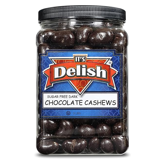 Sugar Free Dark Chocolate Covered Cashews by Its Delish 3 LBS Jumbo Reusable Container (Jar) | Gourmet Dark Chocolate Cashews Healthy Snacks Chocolate Nuts USA Made Vegan Kosher