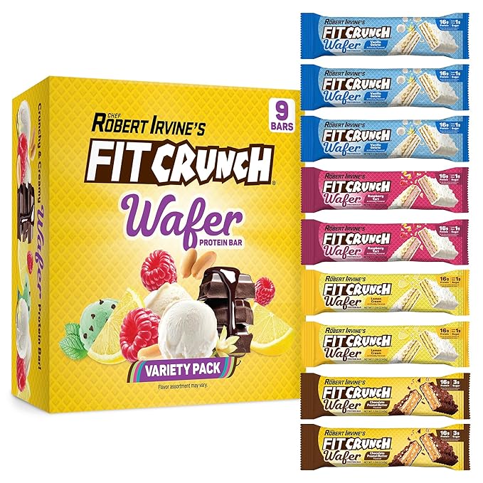 FITCRUNCH Wafer Protein Bars 16g of Protein &amp 1-3g of Sugar (9 Bars Variety Pack)
