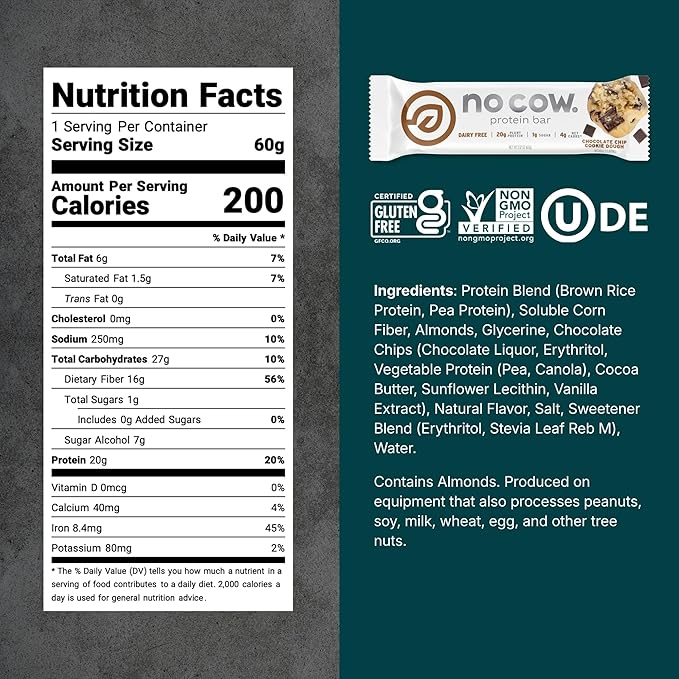 No Cow Vegan Protein Bars Upgraded Chocolate Chip Cookie Dough | 20g Plant Based Protein Gluten Free Dairy Free Soy Free Keto Friendly Low Sugar High Fiber Snack Bars | Pack of 12