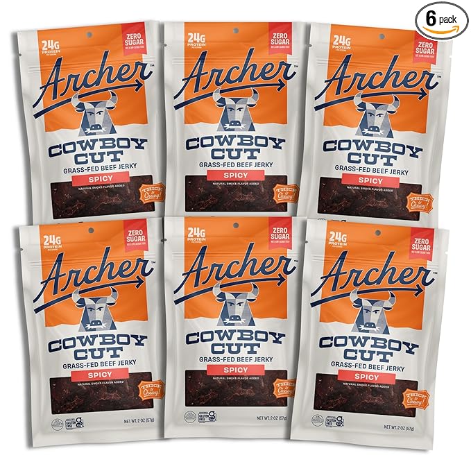 Country Archer Grass-Fed Beef Jerky - Zero Sugar Beef Jerky Sugar Free Meat Snack Bulk Individual Packs Gluten Free Paleo - Spicy 2 Oz (Pack Of 6)