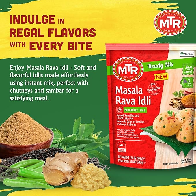 MTR Instant Masala Rava Idli Mix - Ready to Cook Authentic Indian Breakfast Lunch Dinner or Snack Meal - No Added Preservatives - A Quick &amp Easy Recipe Suitable for Vegetarians - (500g Pack of