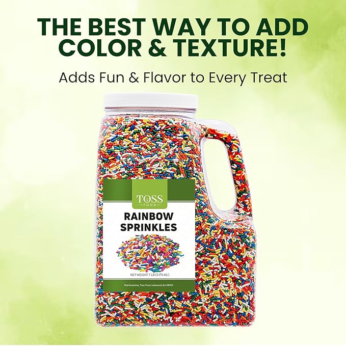 TOSS Rainbow Sprinkles Jimmies 7 Pounds Cake Decorating Topping for Baking and Ice Cream Resealable Container