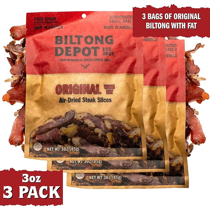 Biltong Depot Original Beef Biltong Slices with Fat Bundle - 3oz (3 Pack) | Air-Dried Beef Jerky Snack | High Protein | Zero Sugar | Keto &amp Paleo Friendly | Gluten Free | No Artificial Preservativ