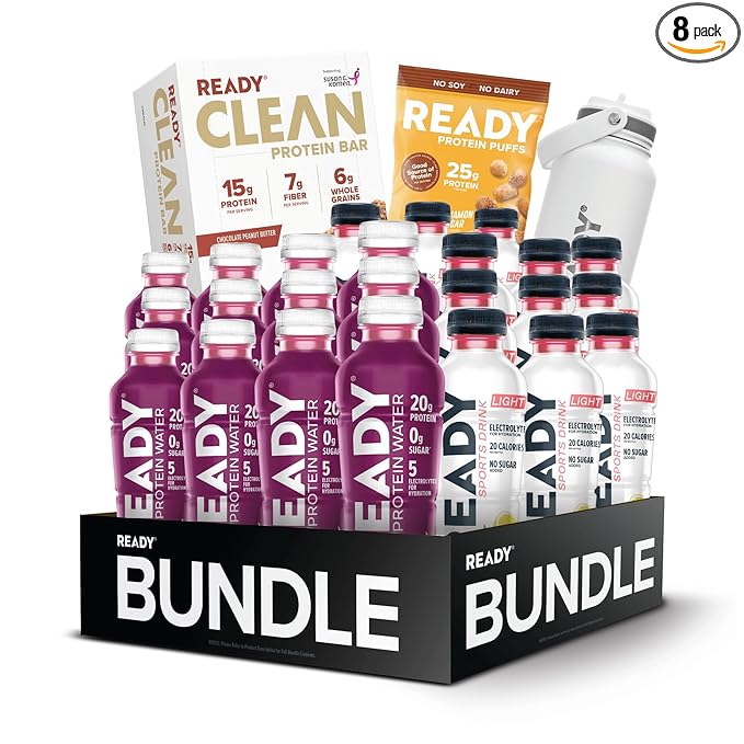 Ready® Best of Ready $99 Bundle – Protein Water Sports Drink Light Bars Cinnamon Sugar Puffs &amp White Water Bottle