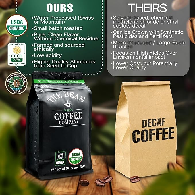 The Bean Organic Coffee Company Water Processed DECAF Chocolate Macadamia Nut Medium Roast Ground Coffee 16-Ounce Bag Café Molido Tostado Orgánico descafeinado