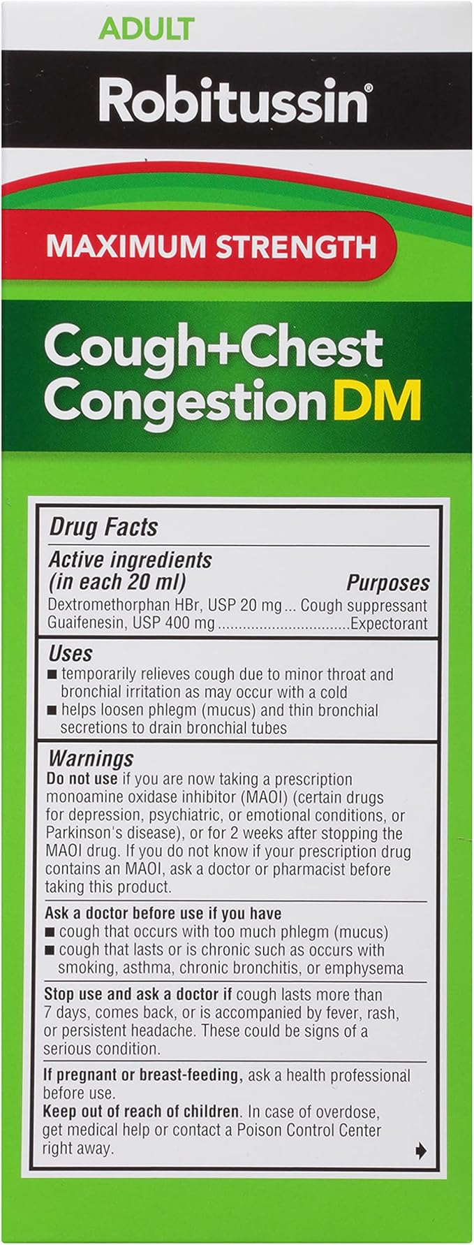 Robitussin Adult Maximum Strength Cough Plus Chest Congestion DM Max Cough Suppressant and Expectorant Raspberry Flavor 8 Fl Oz x 2