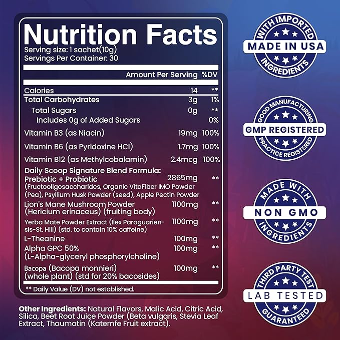 Yerba Mate Powder - Gut Health Support Drink - Probiotics &amp Prebiotics - Reduce Brain Fog Relaxation &amp Focus - Natural Yerba Mate Clean Energy - Mixed Fruit Flavors - Sugar-Free - 30 Sachets