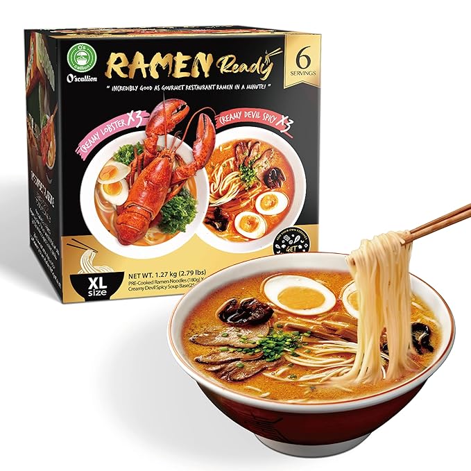 O’scallion Ramen Noodles Variety Pack (6 Servings 2 Flavors) + Vegan Crunchy Chili Oil (6.35 oz) | Quick Ramen Kit with Spicy Garlic Chili Crisp