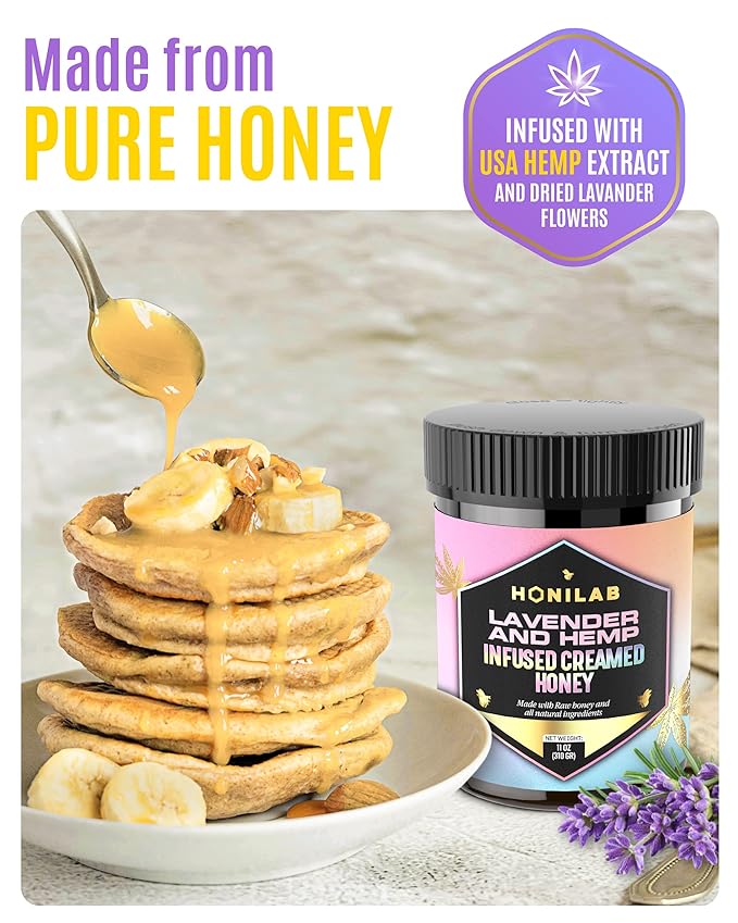 Spun Honey Lavender &amp Hemp Infused Creamed Honey - OU Kosher Certified - Natural &amp Pure Blend - No Added Flavors Independent Testing for Purity and Potency Whole Ingredients - 11 Oz. Jar