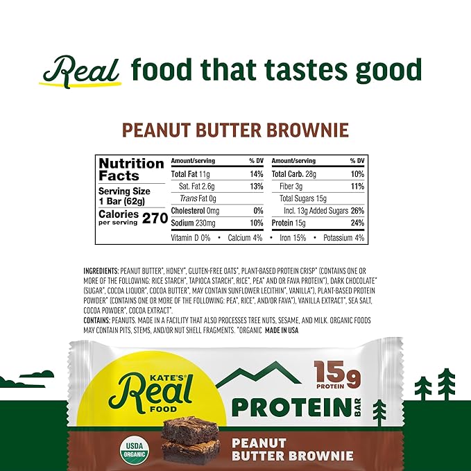 Kate’s Real Food Organic Protein Bars – (Peanut Butter Brownie 2.2 oz Pack of 12) – Plant Based Protein Bars - Gluten Free Soy Free Non GMO Whole Grains and All Natural
