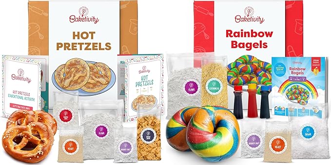 Baketivity Rainbow Bagel &amp Pretzel Baking Kit Bundle for Kids – Fun DIY Cooking Set with Pre-Measured Kosher Ingredients Illustrated Recipes Video Guide &amp STEM Lessons – Ages 6-12+