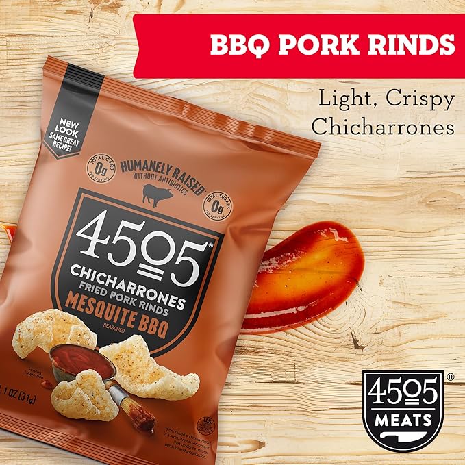 4505 BBQ Seasoned Chicharrones Fried Pork Rinds - Barbeque Flavored Pork Skins - Low Carb Gluten-Free Protein Snack - 1.1oz (Pack of 12)