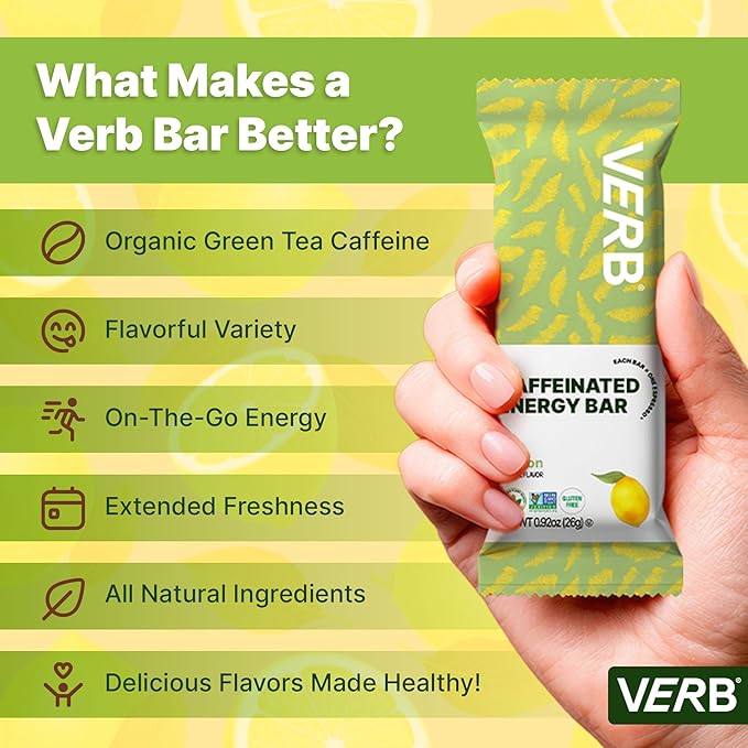 Verb Caffeinated Energy Bars Lemon (26g Pack of 16) 110-Calorie Delicious Low Sugar Energy Bar - Vegan Gluten Free On-the Go Snack with 80mg Green Tea Caffeine Only Real-Food Ingredients