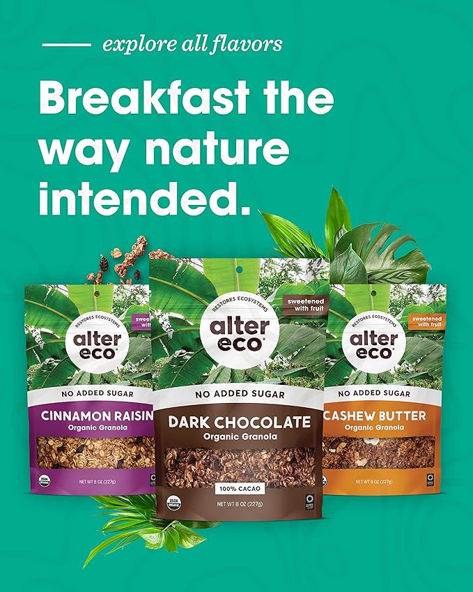 Alter Eco Dark Chocolate Granola Healthy Organic Breakfast &amp Snack Naturally Sweetened with Fruit Vegan No Artificial Sugars or Additives Regeneratively-Farmed Oats (Dark Chocolate - 6 Pack)