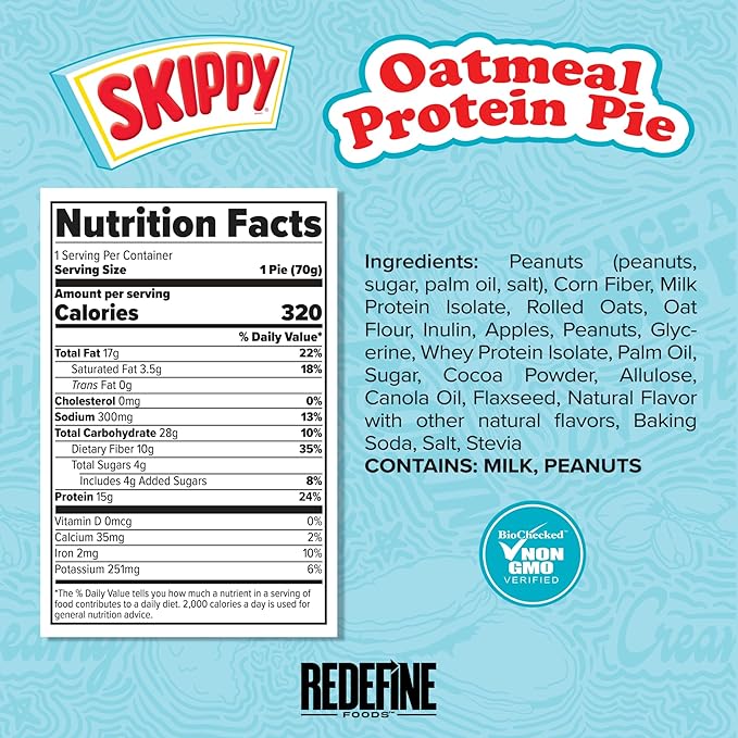 Redefine Foods Oatmeal Protein Pie SKIPPY Chocolate - 8 Count - 15g of Protein Per Serving - Non-GMO