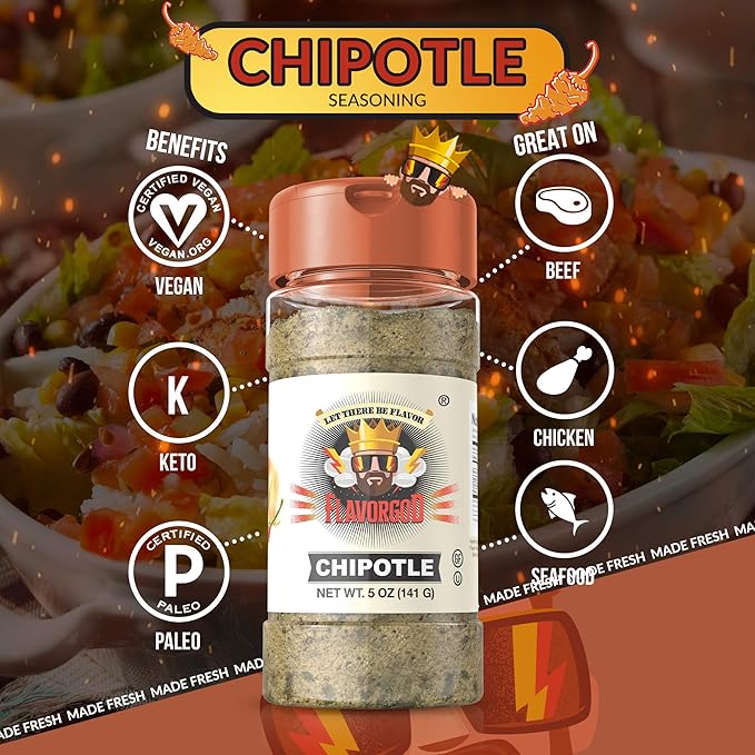 Chipotle Seasoning Mix 2 Bottles by Flavor God - Premium All Natural &amp Healthy Spice Blend for Grilling Chicken Beef Seafood &amp Vegetables - Kosher Gluten-Free Dairy-Free Vegan Keto Fri