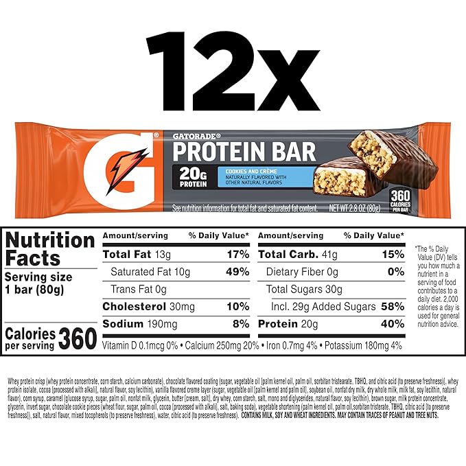 Gatorade Whey Protein Bars Cookies &amp Crème 2.8 oz bars (Pack of 12 20g of protein per bar)