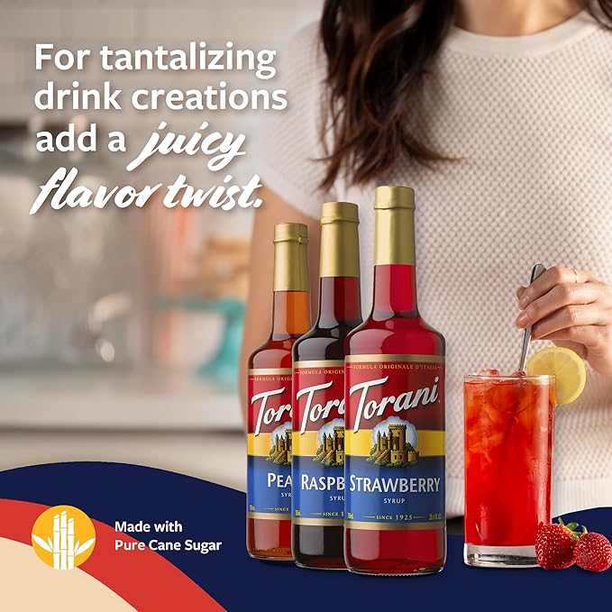 Torani Strawberry Peach and Raspberry Syrup for Drinks Variety 3-Pack Flavoring for Iced Tea Lemonade and Sodas Pumps Included 25.4 Oz Ea