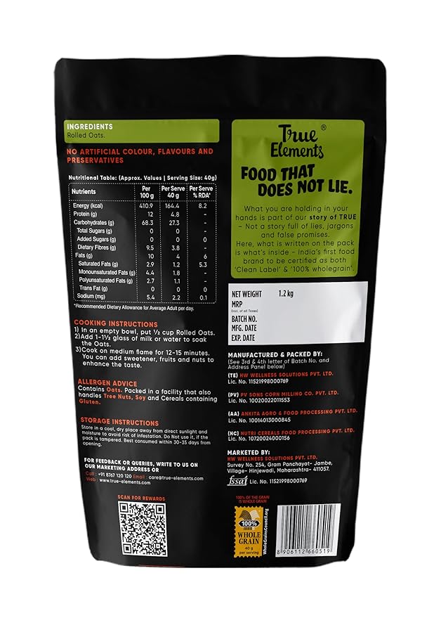 True Elements Rolled Oats 1.2kg - Oats Breakfast Healthy Food 100% Wholegrain