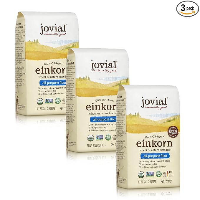 Jovial Organic Einkorn Unbleached All Purpose Flour - Bread Baking Flour for Sourdough High Protein Non-GMO Organic Pizza &amp Pasta European Italian Glyphosate Free - 32 Oz 3 Pack