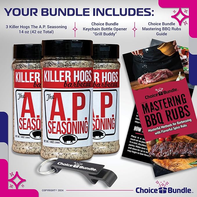 Killer Hogs AP Seasoning All Purpose Premium Barbecue Rub 3 pk (42 oz) + BBQ Guide &amp Bottle Opener (5 Items)!
