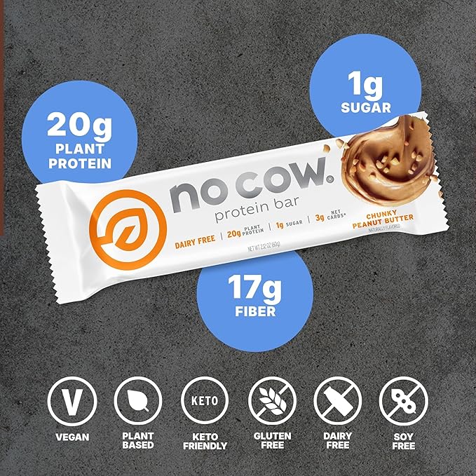 No Cow Vegan Protein Bars Upgraded Chunky Peanut Butter | 20g Plant Based Protein Gluten Free Dairy Free Soy Free Keto Friendly Low Sugar High Fiber Snack Bars | Pack of 12