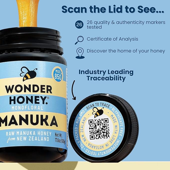 Wonder Honey Raw Manuka Honey New Zealand MGO300 (10+) Tested for 26 Markers Traceable Natural Soothing for Sore Throat Cough - Aids Digestion - Triple Sealed for safety in a Protective Box (8.8oz)