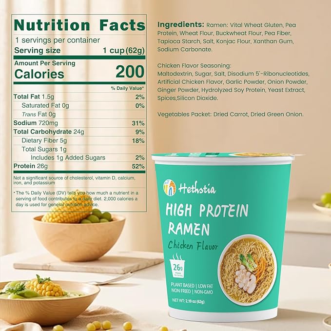 Hethstia High Protein (26g) Ramen Cup Noodles Chicken Flavor 6 Count Plant Based Vegan Noodle Soup Non Fried Low Sugar Low Fat Ready to Eat Healthy Asian Meal &amp Holiday Gift