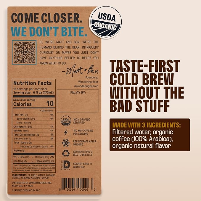 Wandering Bear Organic Vanilla Coffee Cold Brew On Tap Iced Coffee Drink -Extra Strong Smooth No Sugar Added Shelf-Stable Ready to Drink Gluten Free &amp Vegan Decaf -16 Servings of 6fl.oz -96f