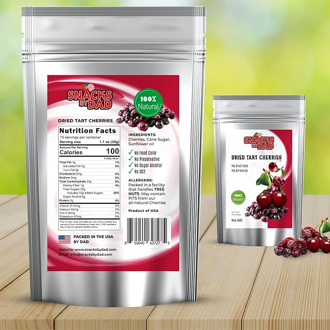 Dried Tart Cherries by Snacks by Dad | 1lb Natural Fruit Snack | Non-GMO No Preservatives | Great for Trail Mix Smoothies Baking and Gifting
