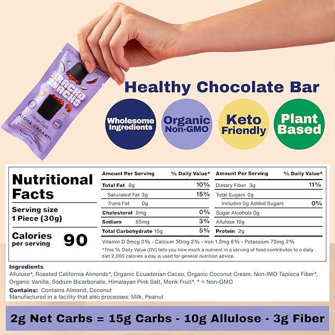 Krack’d Snacks Chocolate Snack Bars 10 Pk | Plant-Based Dark Chocolate Aloha Caramel with Almonds &amp Coconut | Gluten Free Candy Bars | Keto Chocolate Treats