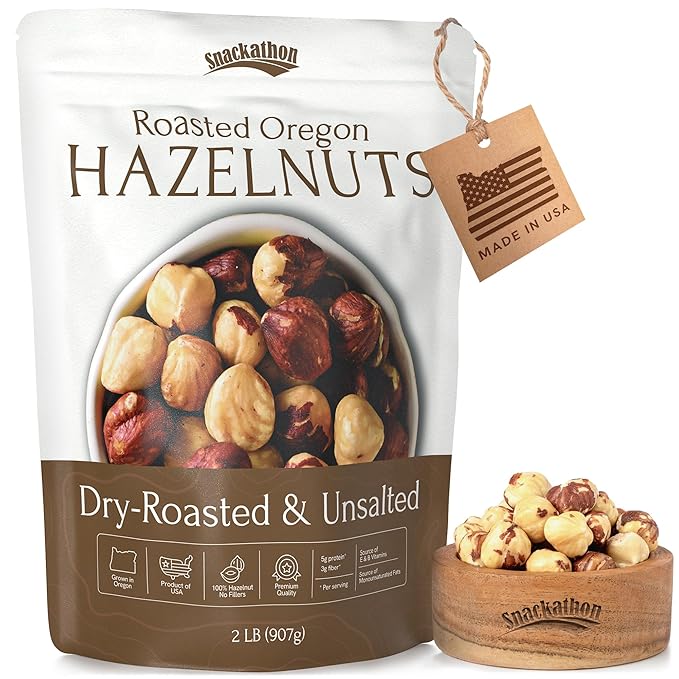 Snackathon Roasted Oregon Hazelnuts Unsalted Dry Roasted Whole Filberts Premium Natural Nuts Grown in USA 2 LB Resealable Bag Healthy Snack Ideal for Baking Nut Butters &amp Recipes
