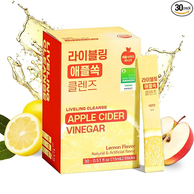 [Liveling] Apple Cider Vinegar Drink Stick with 7500mg ACV – Lemon Flavor | Supports Digestion Daily Cleanse Sugar-Free Low-Calories Portable On-The-Go Packets (30 sticks)