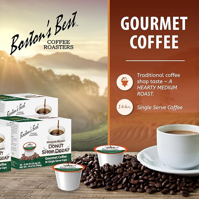 Boston’s Best - Hearty Donut Shop Decaf Medium Roast Coffee Delicious Gourmet Compatible with Keurig Coffee Maker - 144 Count (Pack of 1)