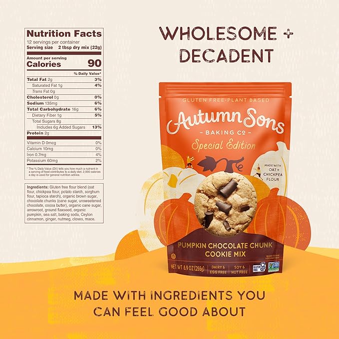 Autumn Sons Baking Co. Gluten Free Pumpkin Chocolate Chunk Cookie Mix. Limited Edition Pumpkin Spice Cookie Mix. Vegan Plant Based. No Dairy Soy &amp Nuts. Top 9 Allergen Free. 8.9 oz (Pack of 3)